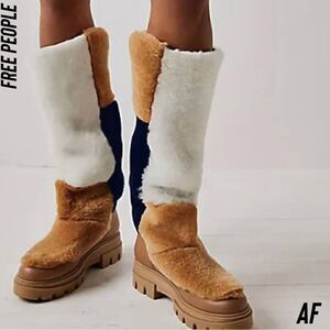 FREE PEOPLE HAPPY THOUGHTS FUR BOOTS IN CAMEL NAVY AND WHITE 37.5 EU